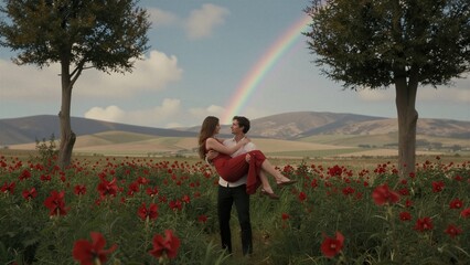 A man carries a woman through a vibrant poppy field under a majestic rainbow.