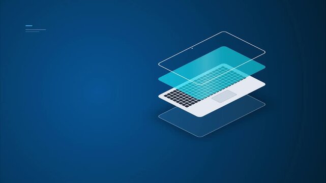 Isometric Laptop Technology Assembly Animation with Digital Hardware Layers for Cyber Security and Data Processing Software Development Interface Corporate Idea