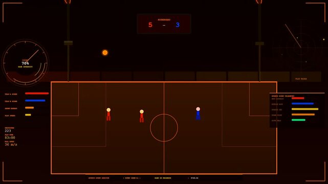 Digital stick figures competing in shared urban spaces represented by tactical field diagrams and glowing orange dashboard overlays tracking progress within a dark virtual arena environment display