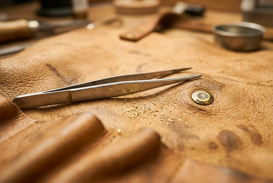 Close-up high-angle shot of stainless steel tweezers on a heavy-duty leather apron, showcasing the texture of the material and remnants of brass filings.