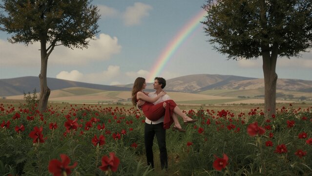 A man carries a woman through a vibrant poppy field under a majestic rainbow.