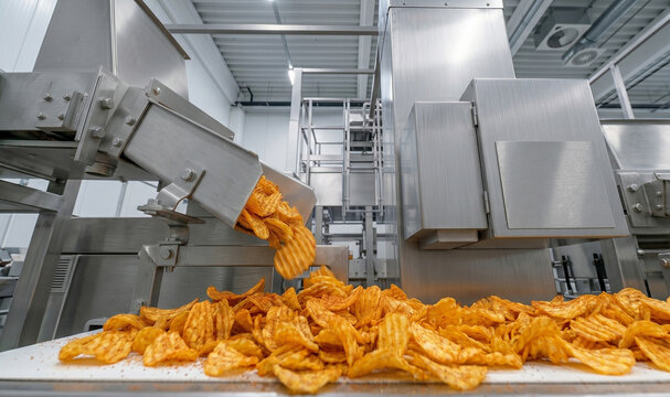 Food Industry Production Line Featuring Fresh Golden Zigzag Potato Chips Conveyor