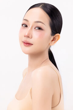Beautiful Asian woman with clean fresh skin and natural makeup, beauty and skincare concept for commercial advertising and content, isolated on white background.
