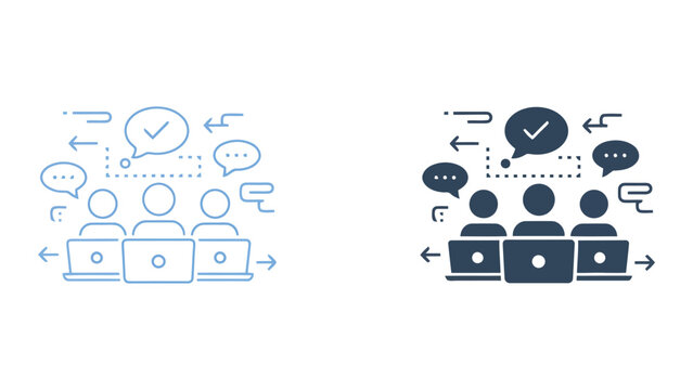 Team collaborative project feedback and communication icon set with speech bubbles and checkmark symbols for business workflow and task management in linear and solid vector illustration