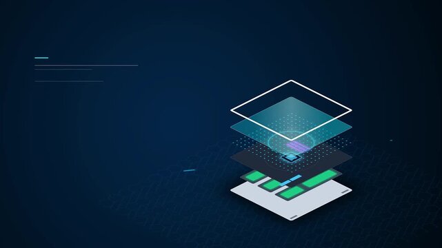 Futuristic Layered Data Cloud Computing Architecture Isometric 3D Motion Graphic Digital Illustration Tech Concept Presentation Infrastructure Visualization