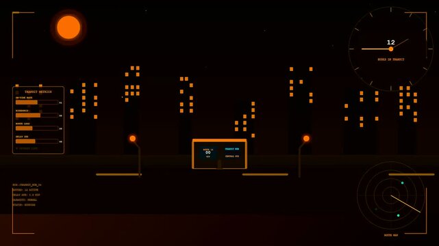 Shared urban spaces in a digital night city interface animation showing bus movement patterns and glowing orange data nodes with multiple circular radar tracking displays