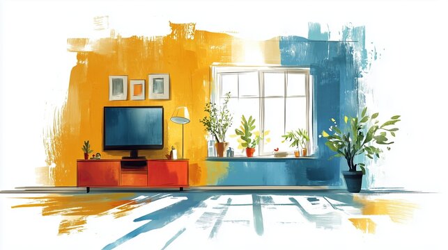 Artistic Interior Design with Bold Colorful Accents, Modern TV Setup, Lush Green Plants, and Large Bright Window in Vibrant Living Space