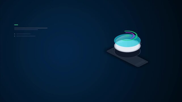 Isometric Cloud Data Storage Node with Glowing Circular Animation Elements on Dark Blue Background for Tech Presentation and Infrastructure Visualization