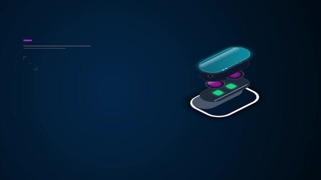 Isometric virtual reality VR headset tech element with glowing digital HUD interface graphics on dark background