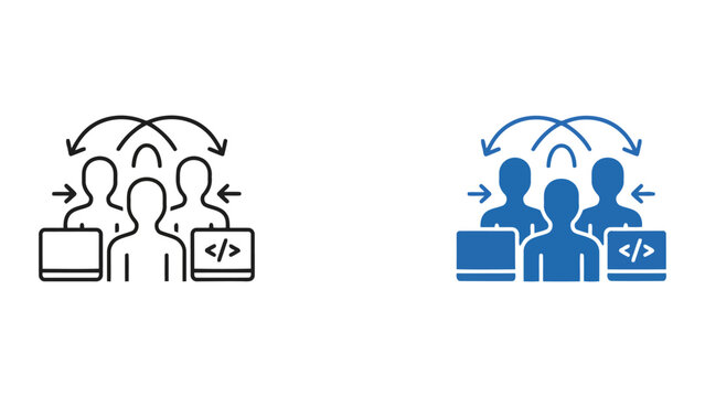 Software development team collaboration icon set with coding symbols and laptop computers for technical project management and agile workflow in vector design