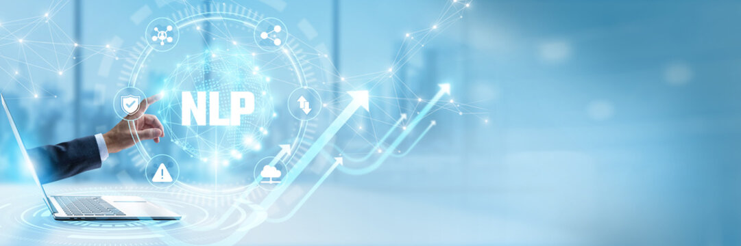 Businessman touching virtual interface with NLP and natural language processing AI networking. Cognitive text analytics automation, computational linguistics machine learning