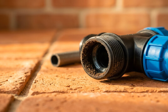 Partially unthreaded T-joint connector showing internal soil deposits and a silicone washer. The industrial blue nut contrasts with the matte black polypropylene against terracotta.