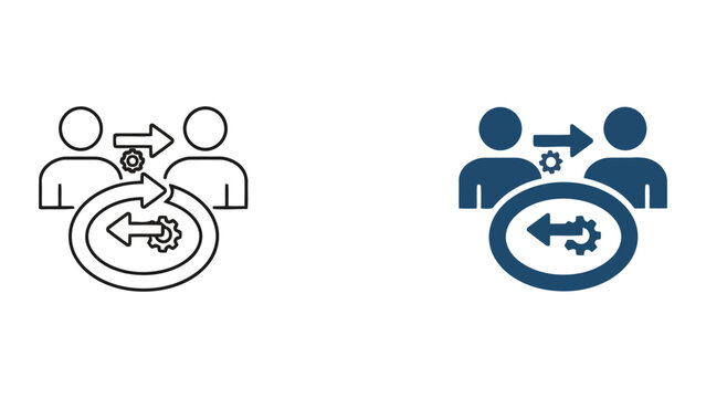 Business process workflow icons showing two people with exchange arrows and gears in a circular cycle representing continuous improvement and operational synergy in professional vector graphic design