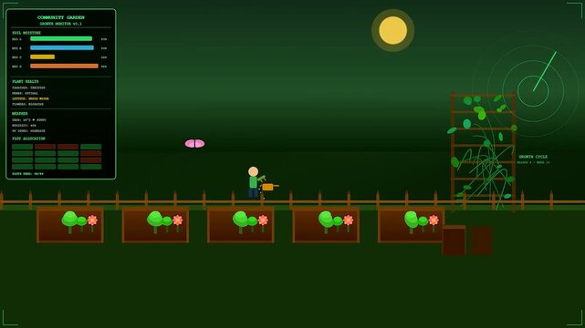 Shared urban spaces in a digital garden simulation feature a small avatar tending to rows of green vegetation while monitoring soil moisture and plant health metrics