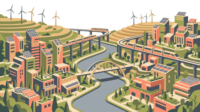 Green smart city illustration with solar panels, wind turbines and eco-friendly transport, perfect for environmental presentations, sustainable energy blogs and urban planning graphics