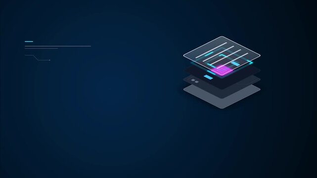 Isometric Data Layering and Microchip Assembly Animation Modern Flat Graphic Design Technology Infrastructure User Interface for Cloud Computing and Digital Storage Hub