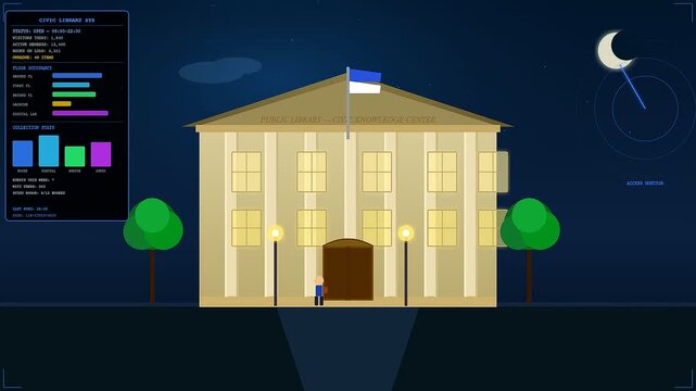 Digital graphics showing shared urban spaces within a library facade at night with a tiny person moving across the entrance under glowing golden lamps