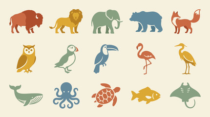 Obraz premium Minimalist colorful wild animal icons set featuring mammals, birds and marine life on a light background, perfect for logo design, educational materials and branding projects