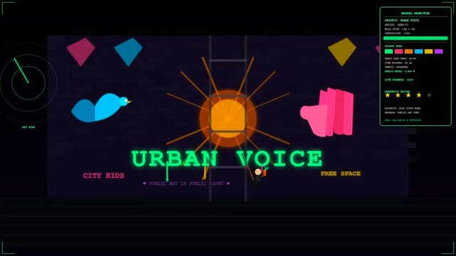 Digital art mural creation depicting shared urban spaces with interactive light interface elements reflecting artistic progress shown across three stages of a creative user interface