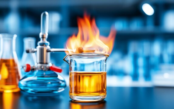 Laboratory Glassware with Flammable Liquid and Flame in Scientific Lab