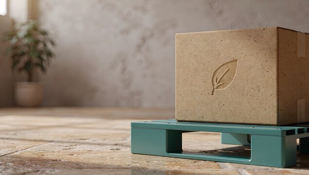 An eco-friendly cardboard box with an embossed leaf logo sits on a modern teal pallet.