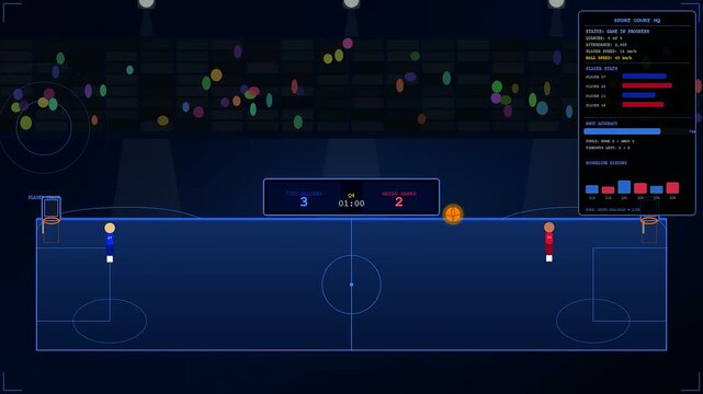 Digital displays showcasing shared urban spaces where two animated basketball figures compete on a virtual court surface with live statistics visible in a dark room