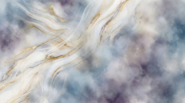 Abstract marble texture with swirling white and gold patterns on a blurred background.