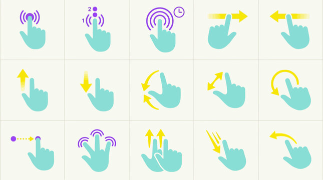 Set of flat touchscreen hand gesture and finger swipe icons on a white background, perfect for mobile application design, user experience guides and interactive interface presentation