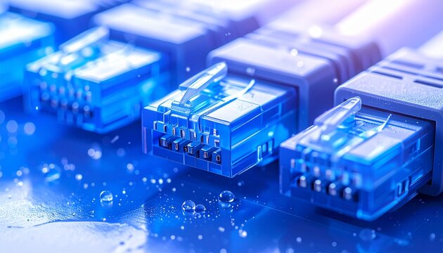 Blue ethernet cables lined up for high speed internet connection and data transfer