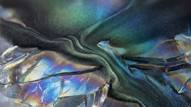 Close-up of iridescent abalone shell with shimmering colors and smooth texture.