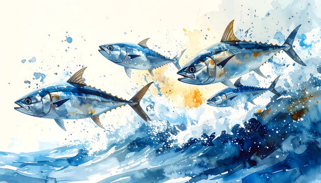 School of tuna fish leaping together out of water in coordinated escape looks dynamic energetic and full of professional detailed watercolor illustration generative AI