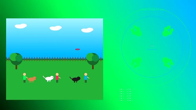 People enjoying shared urban spaces while playing with their dogs on a grassy field under a bright blue sky with simple floating clouds