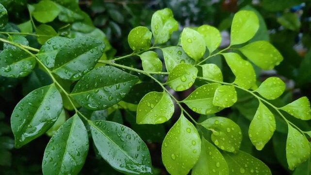 Fresh green leaves covered in clear water droplets after a summer rain shower