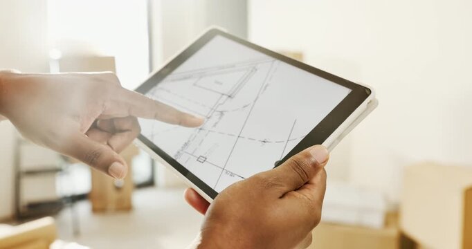 Hands, new home and tablet screen with blueprint for remodeling, real estate or architecture design. Tech, person and renovation with floor plan in house for property refurbishment, layout or scroll