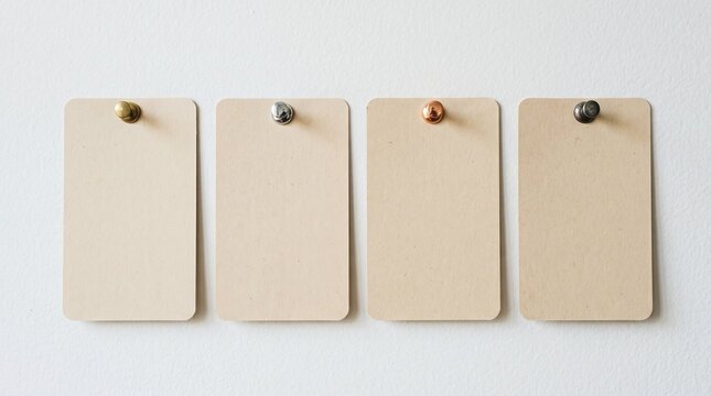 Four beige blank cards with assorted metal push pins on white wall