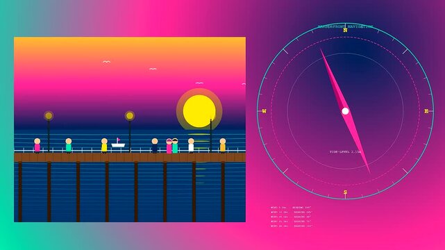 People walking on a pier during shared urban spaces sunset events with navigation elements displaying data tracking movement patterns in a modern digital graphic layout