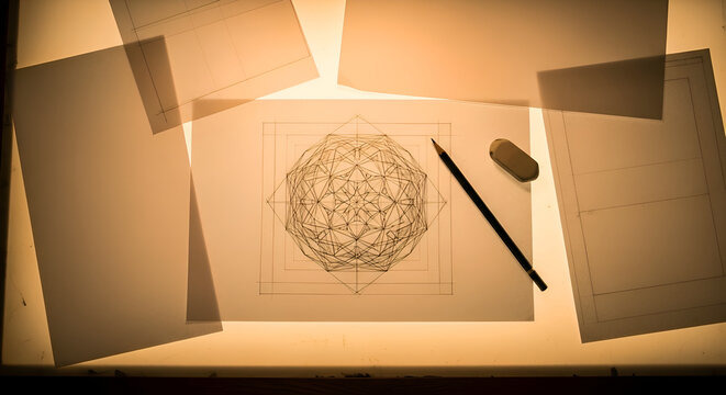 Geometric mandala sketch on lightbox with pencil and eraser, creative drafting workspace top view