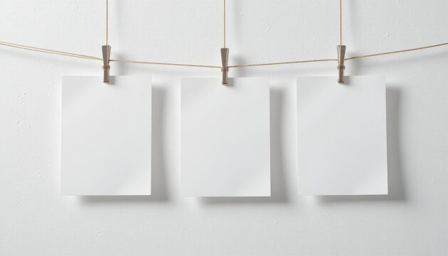 Three Blank White Paper Mockups Hanging on a Clothesline with Wooden Pegs