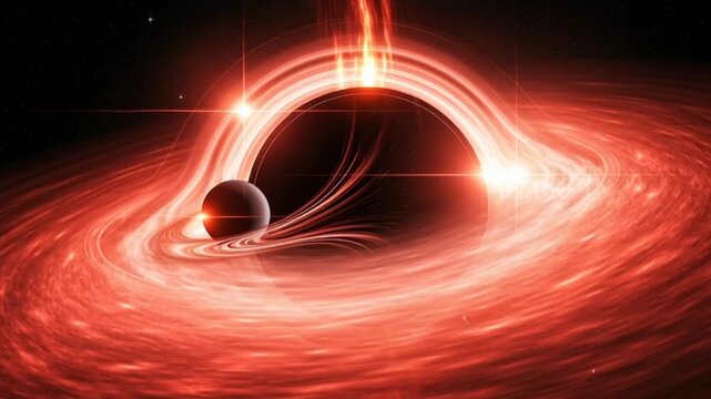 3D rendering of black hole warping spacetime with glowing red light effects