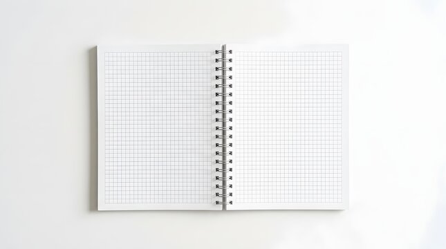Open Blank Grid Notebook with Spiral Binding on White Background