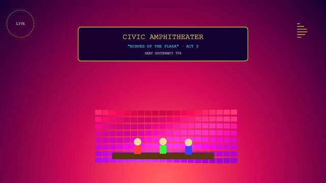 Shared urban spaces displayed in a modern dashboard interface showing theater seating occupancy data with stylized figures during a digital performance monitoring process in real time