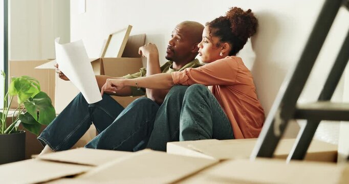Couple, moving or blueprint for renovation, talking or real estate with refurbishment project. African man, woman and floor plan document for remodeling property, interior design or new home layout