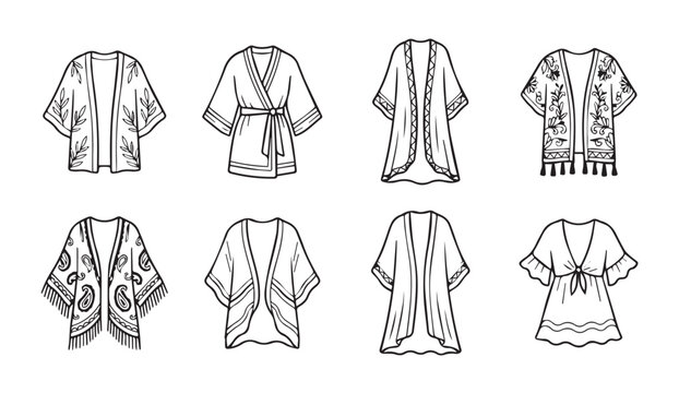 Fashion eight distinct kimono jacket styles with diverse patterns and trims against a clean white background