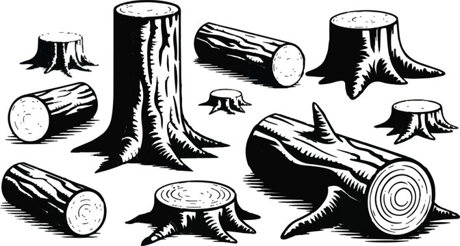 Black and white illustration of various tree stumps and logs cut from trees