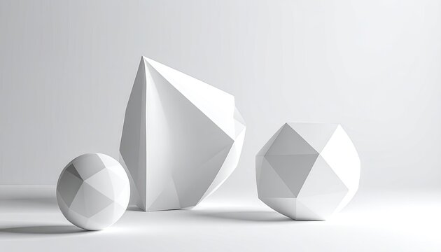 Minimalist arrangement of white geometric objects on a white background.