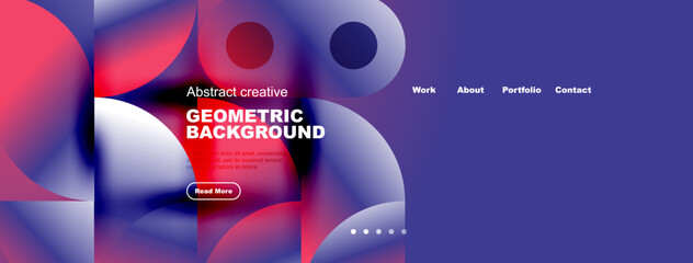 Naklejka premium Abstract website header design. Fluid shapes, vibrant colors, text overlay, navigation menu present. Modern aesthetic.