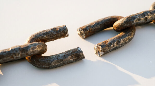 Macro close up of a rusted broken metal chain breaking apart