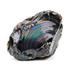 Fototapeta premium Close-up of iridescent rainbow obsidian rock isolated on white background