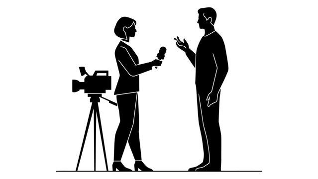 Journalist interview man, news reporter speaking with person, tv broadcasting, mass media, silhouette vector illustration.