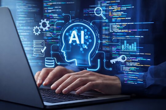 AI coding tool. Assisting software development and automating tasks. Programmer using AI to generate code for creating applications on laptop.